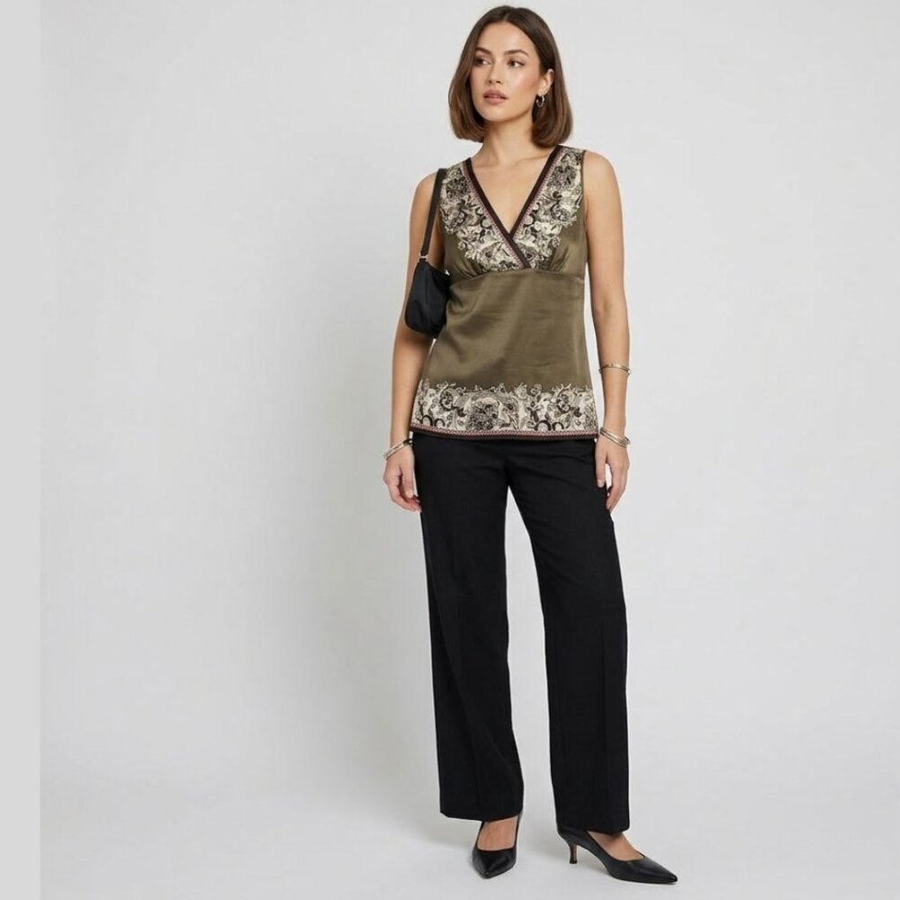 LE CHATEAU VTG Silk Tank Top XS Olive Green Paisley V-Neck Y2K Boho 90s Chic